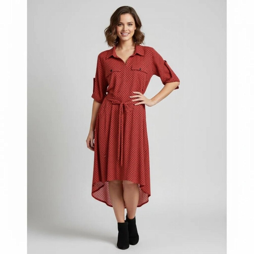 Enfocus Studio Women's Red Black Polka Dot High-Low Hem Shirt Dress Size 8